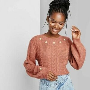 WILD FABLE Cable Knit Crew Neck Embroidered Cropped Pullover Sweater XL